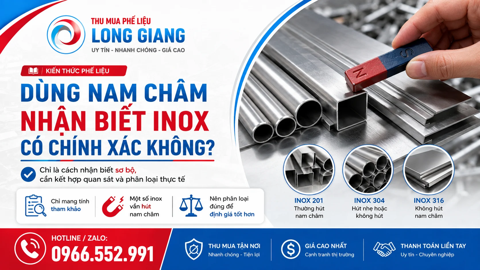 dùng nam châm nhận biết inox